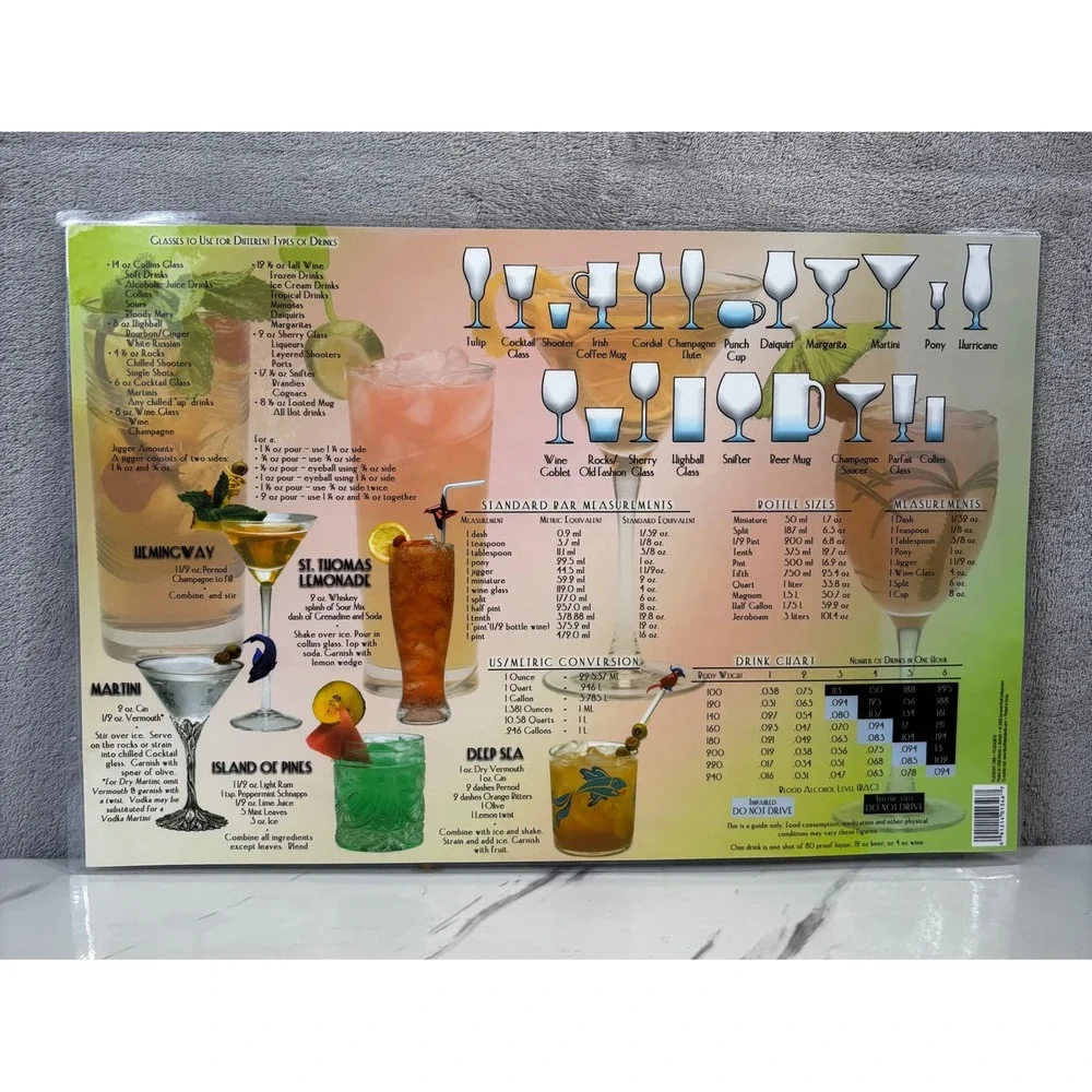Unbranded Cocktail Recipe Placemat Home Bar Guide Multicolor Excellent Laminated